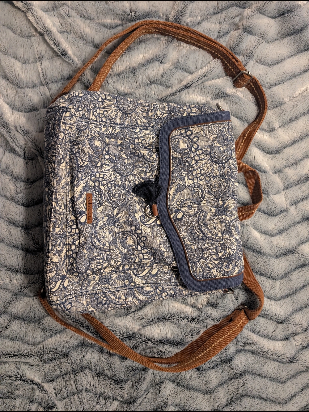 Blue Floral Crossbody Bag with Brown Strap